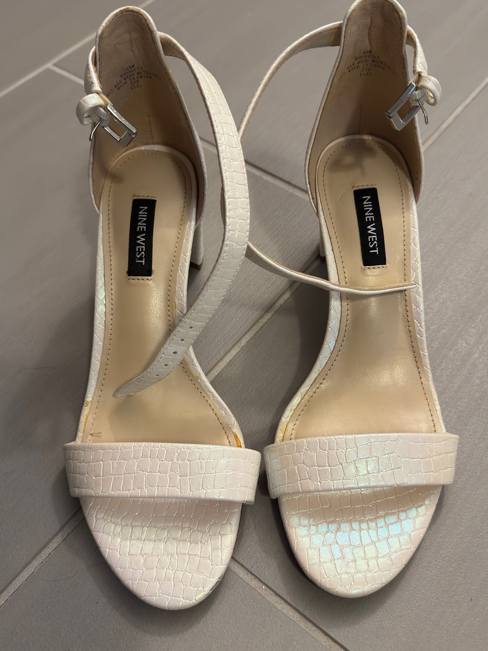 Nine West White Iridescent Croc-Effect Ankle Strap Heels 6 1/2